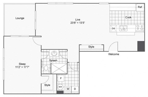 Floor plan for 1 bed, 1 bath, 920 sqft